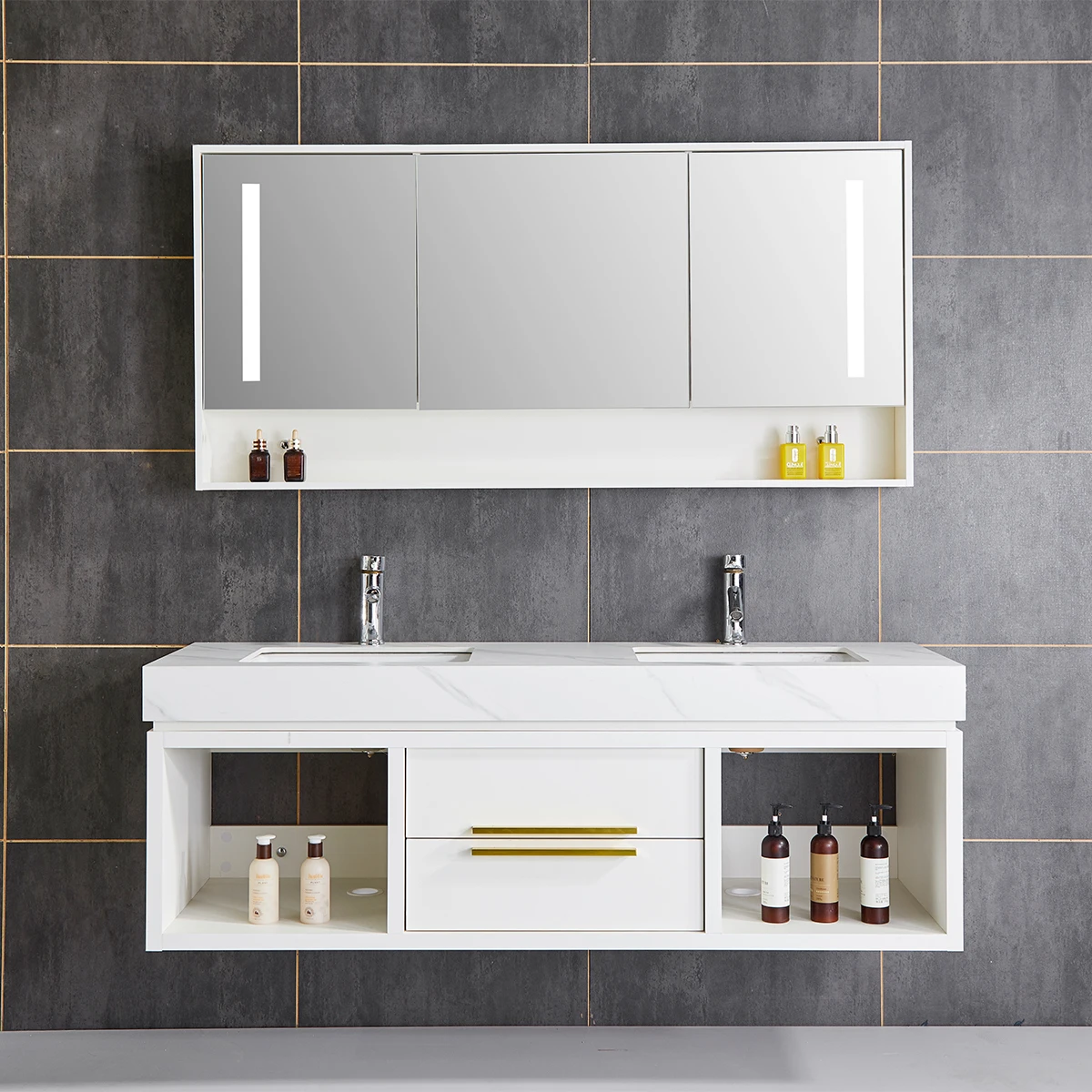 New Design WHOLESALE LUXURY 1500mm wooden bathroom vanity Cabinet with led cabinet