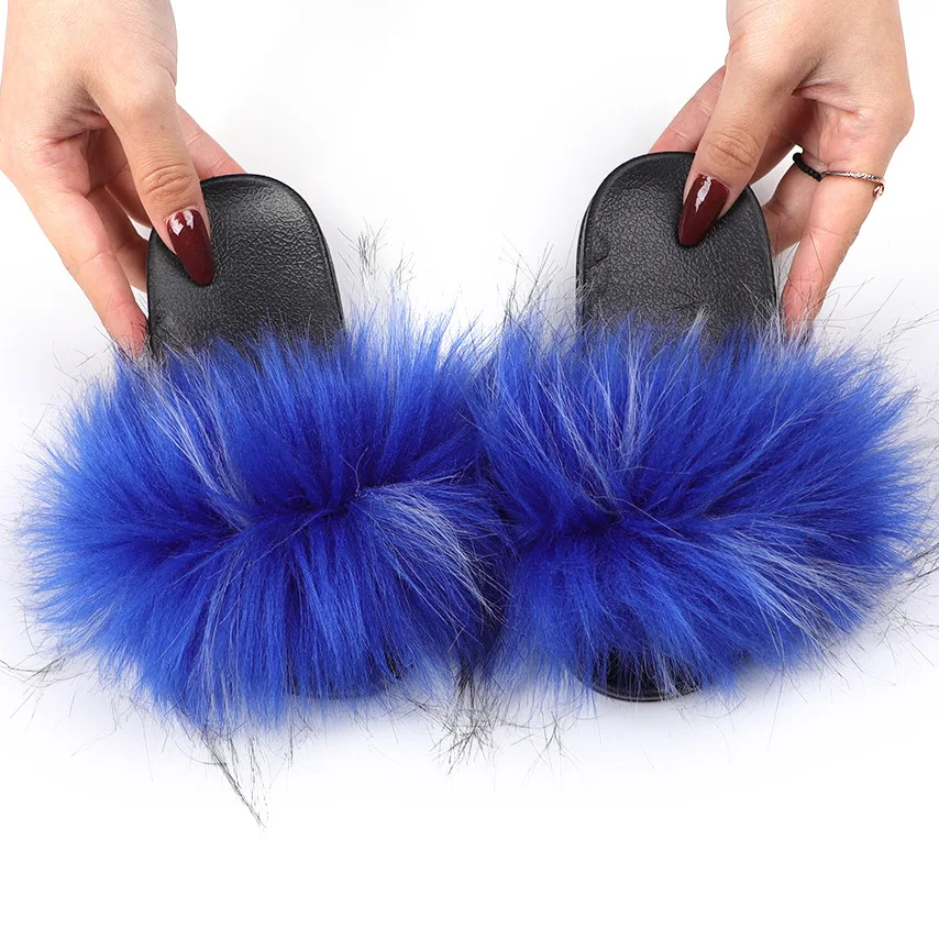 
Simple Fashion Colorful Fox Fur Flat Slides Shoes High Quality Plush Furry Slippers For Kids 