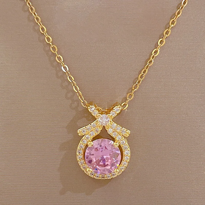 Fashion 18k Gold Plated Stainless Steel CZ Bowknot Pink Round Cut Zircon Pendant Necklace and Earring Jewelry Set for Women