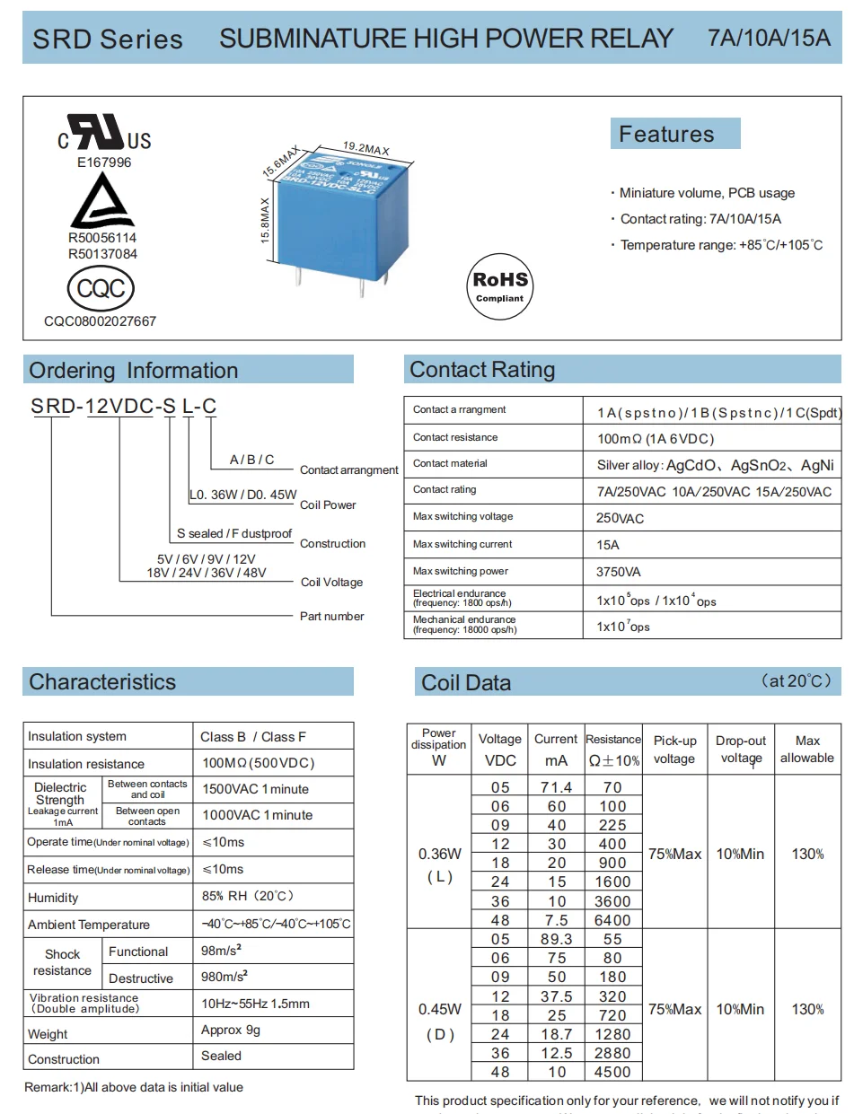SRD-09VDC-SL-A SONGLE Relay 4-pin 5-pin10A New Original In stock power relay