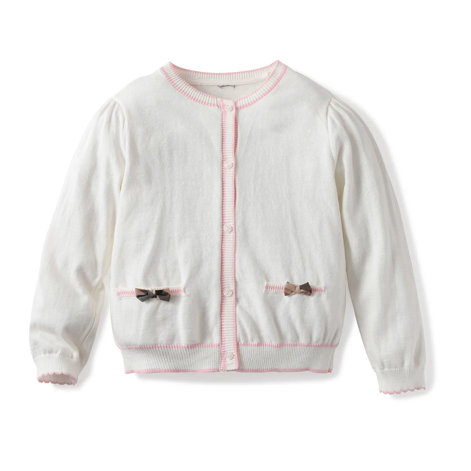 Custom ODM OEM Kids White Knitted Cardigan Organic Cotton Long Sleeve Bow Design With Button Baby Knit Sweater
