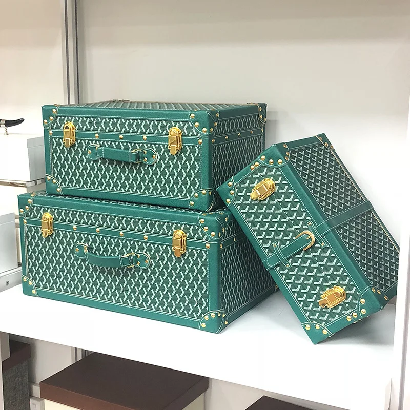 Wholesale Sales Leather Storage Suitcase Vintage Decor Suitcase Handheld Crafts Wooden Retro Decor Hat Box Case