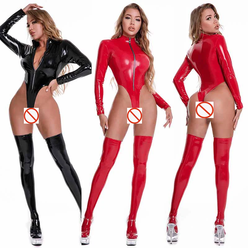Bright Leather High Split Catsuit For Women Sexy Leather PU Bodycon Jumpsuit Shapewear Bodysuit