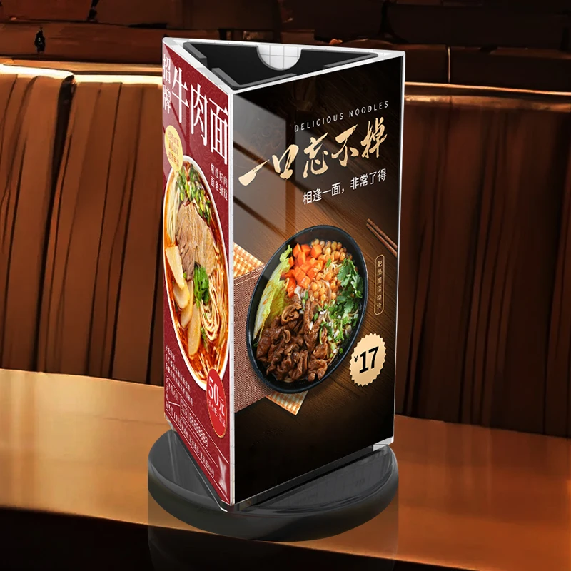 Fashionable 3 Sided Rotating Triangle Clear Advertising Card Stand Acrylic Sign Table Menu Display Holder