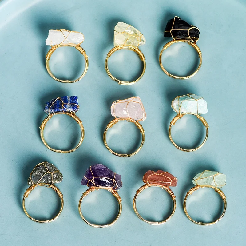 Wholesale Handmade Adjustable Ring Irregular Natural Stone Wire Wrapped Crystal Raw Stone Ring for Wedding Favors
