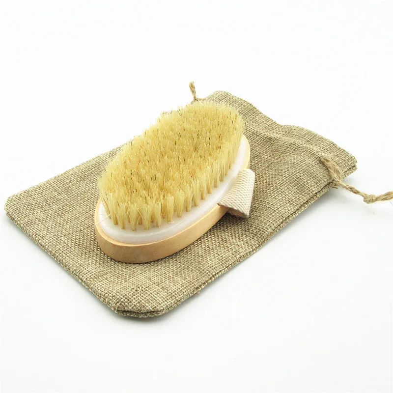 Bath Brush Dry Skin Soft Natural Wood shower Bristle SPA Body Brush Body Sponge and Scrubbers with cotton bag