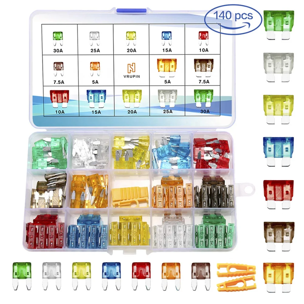 140 PCS 5A 7.5A 10A 15A 20A 25A 30A Car Fuses Assortment Kit, Blade auto Fuses and Mini Flat Automotive Fuse kit