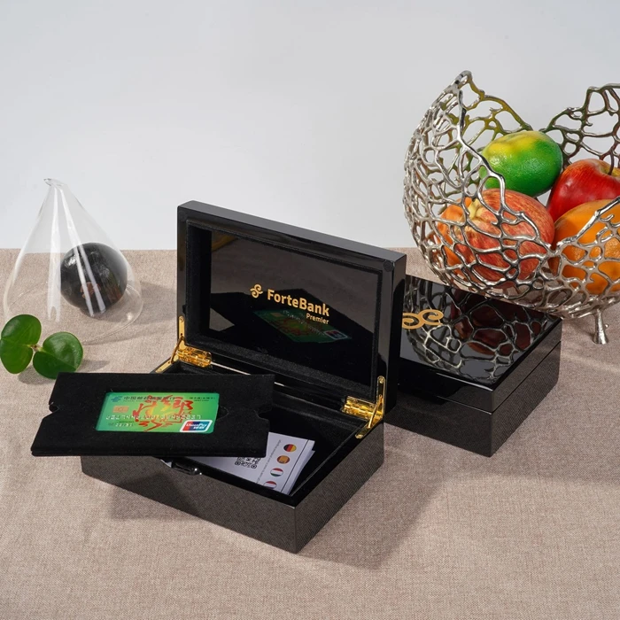 High Gloss Wooden Box with Drawer Customized Logo Credit Card Organizer Black High Gloss Gift Box Luxury Gift Boxes