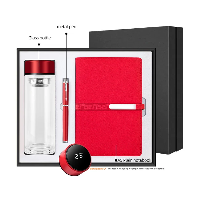 High quality temperature display glass bottle  exquisite notebook metal pen gift set business corporate