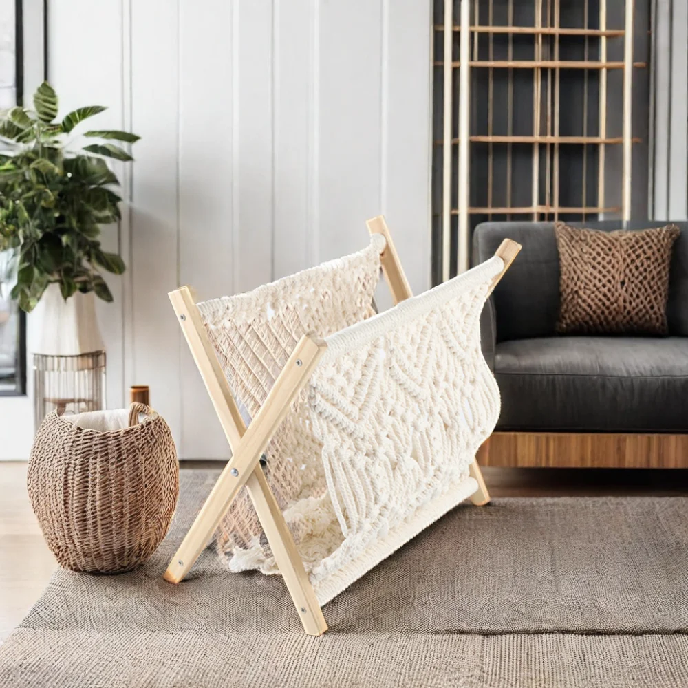 Macrame Storage Holder Woven Magazine Rack Stainless Steel Towel Display Stand Home Office Organizer Rack