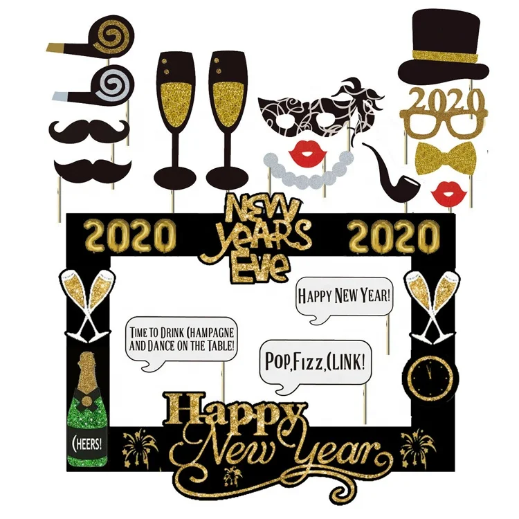 22pcs gold glitter 2020 new year eve selfie photo booth props kit