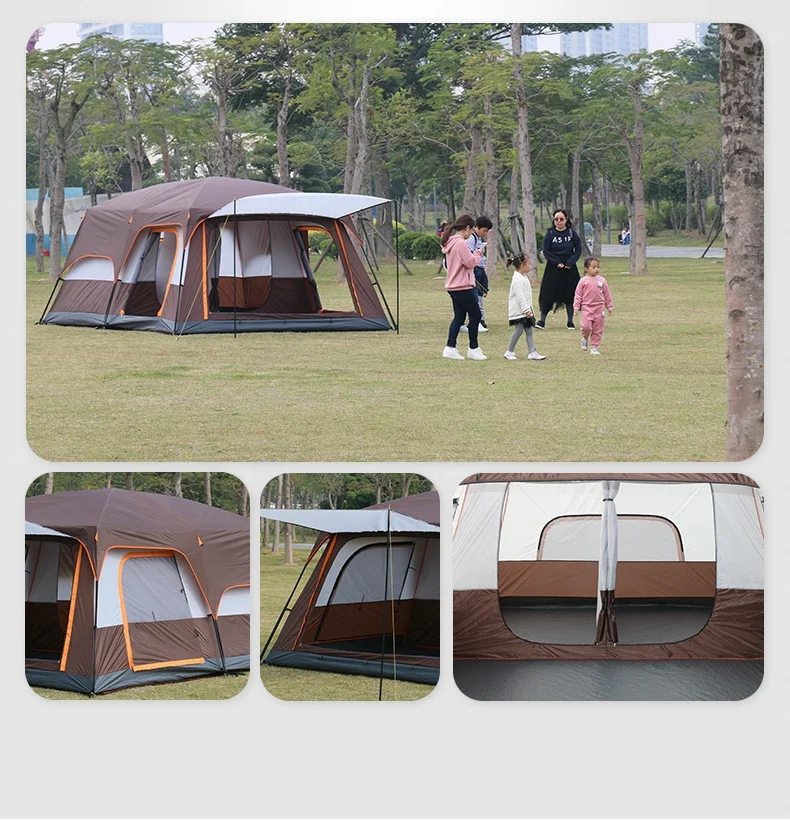 Outdoor Rainproof Glamping Cabin Tent 8-12 Person Large Space Family Camping Double Layers 2 Rooms 1 Living Room Camping Tent