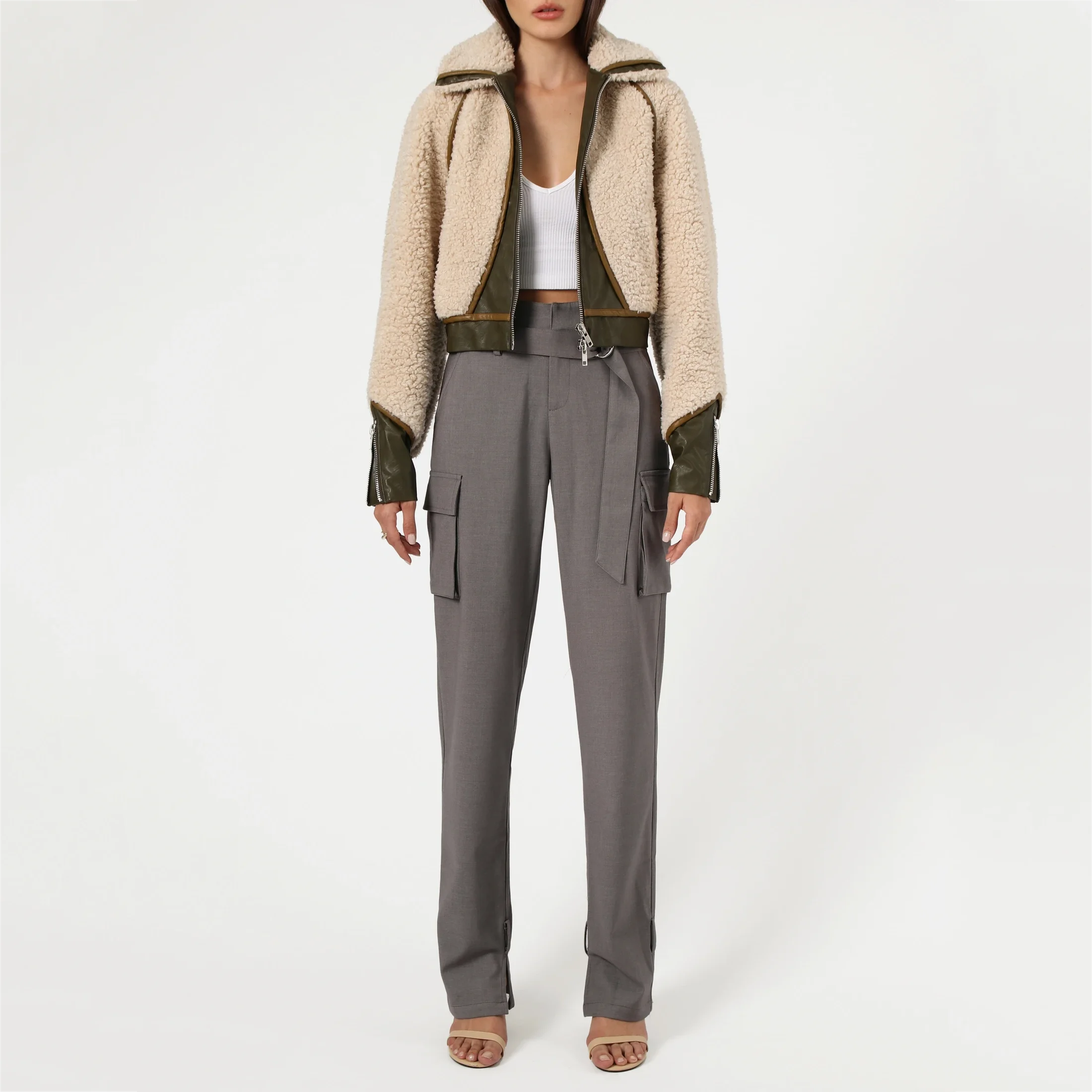 
Europe women fashion causal faux fur jacket women winter patchwork wool long sleeve blouson top with zipper 