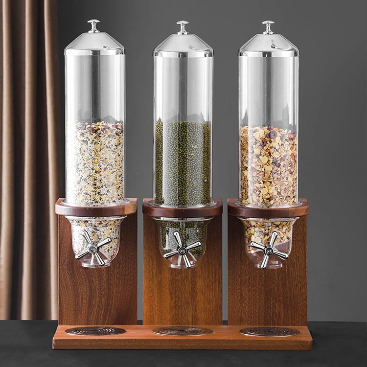 Luxury Catering Buffet Triple Cereal Dispenser Container Dry Food Grain Dispenser With Wooden Stand