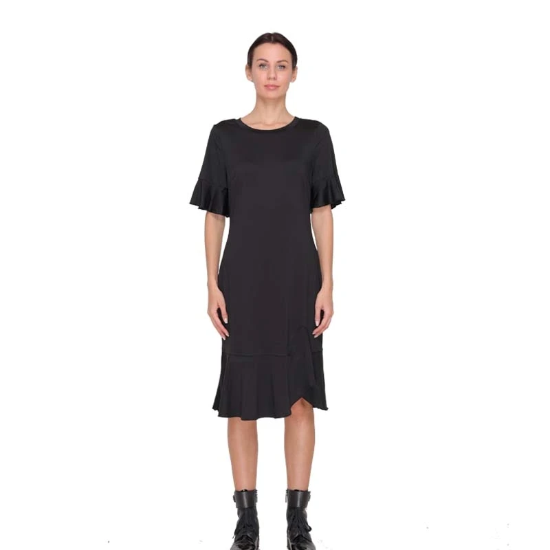 Black crew neck short sleeve drop waist zip office dress uniforms with back stitched seam detail peplum