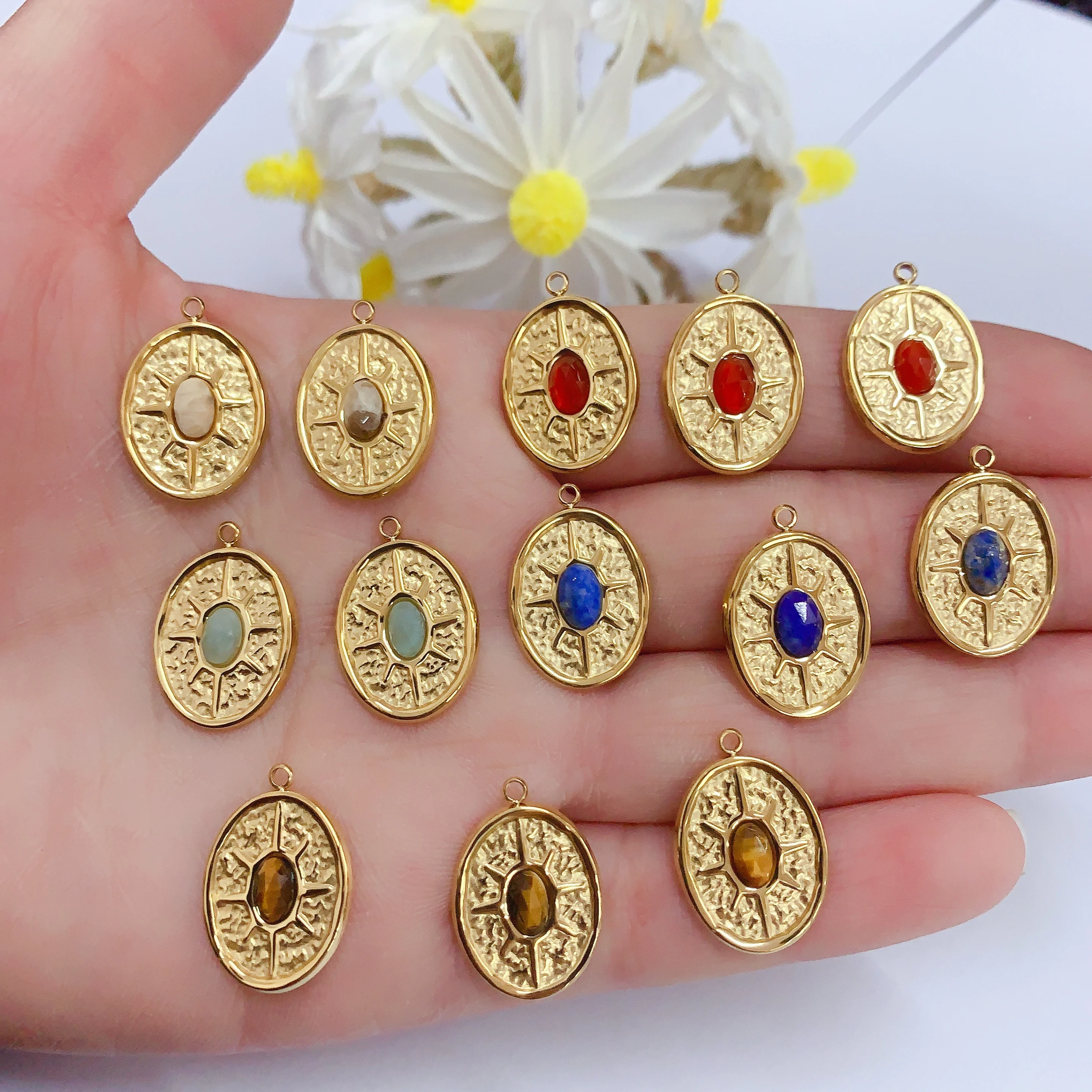 ethnic style gold brass round oval shape jade stone pendants heart shape gemstone charms for necklace