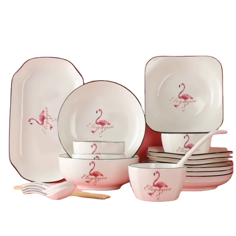 Nordic style custom wholesale flamingo pattern dining plate circular dining plate set ceramic plate set modern tableware