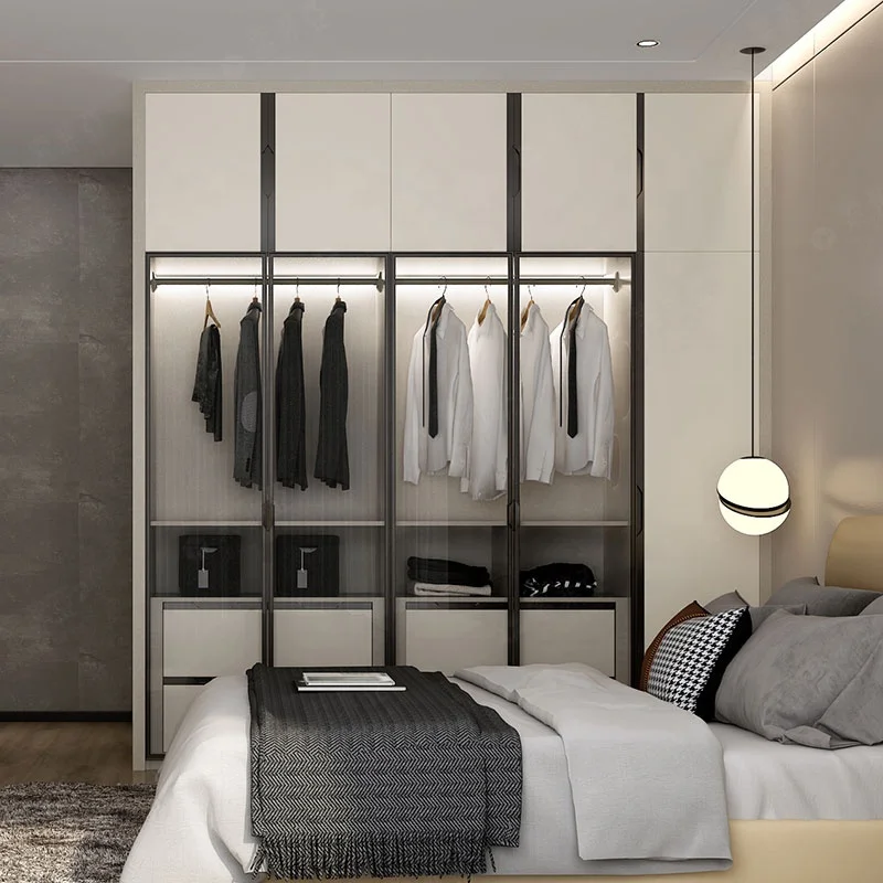 SUOFEIYA Minimalist White Lacquer Glossy Finish MDF Pull Out Doors Clothing Storage Wardrobes