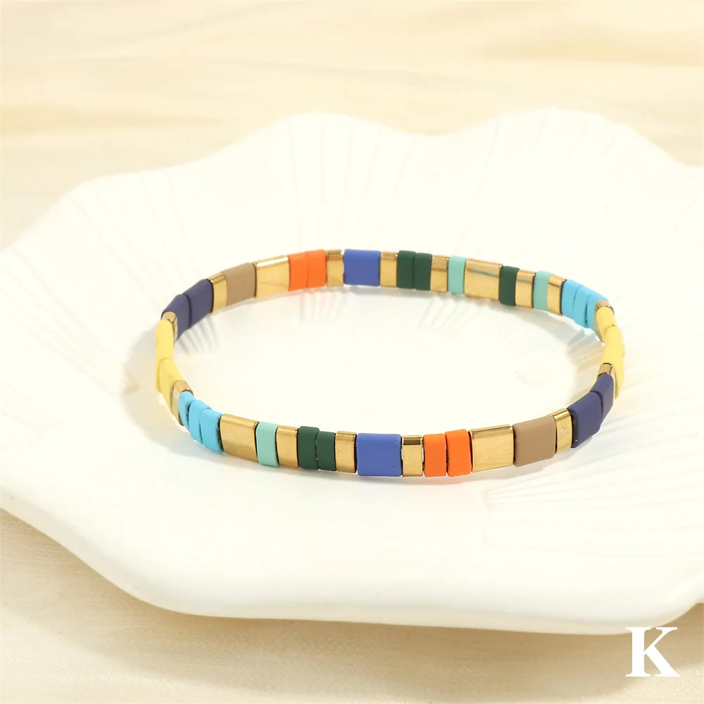 High quality handmade Bohemian Multi Color Flat Adjustable Paint Beads Elastic Bracelet Women Jewelry