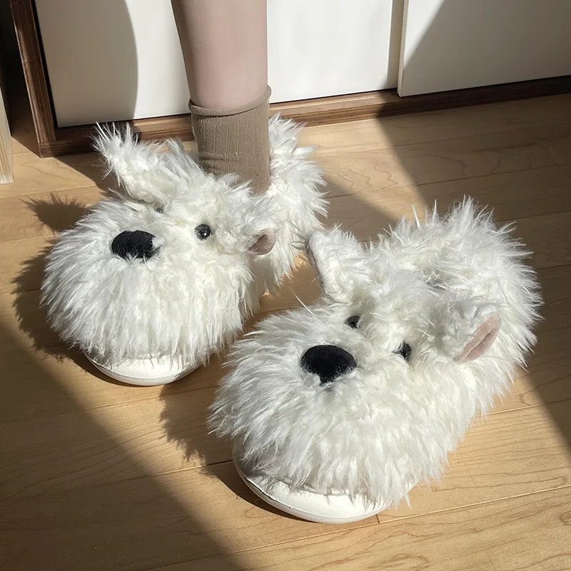 Cute Dog Fuzzy Animal Plush Lady Cartoon Slippers Warm Home Indoor Winter Shoes Fashion Fur Slippers For Women