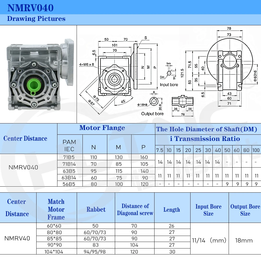 Worm Gearbox RV040 Speed Reducer 18mm Output 90 degree ratio 5:1-100:1 for Nema34 86mm Flange Stepper Motor