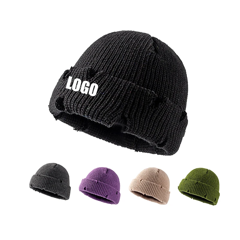 Streetwear Winter Skull Cap Custom Embroidery Acrylic Knit Beanie Hats Cuff Distressed Beanie for Men  Women