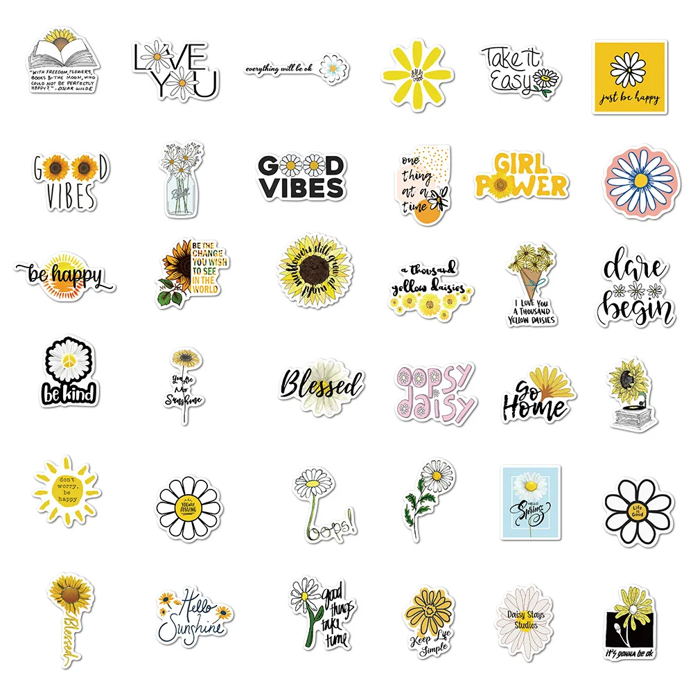 50pcs/bag Daisy flowers with Inspirational Words in English stickers alphabet Waterproof PVC Vinyl Removable Stickers for kids