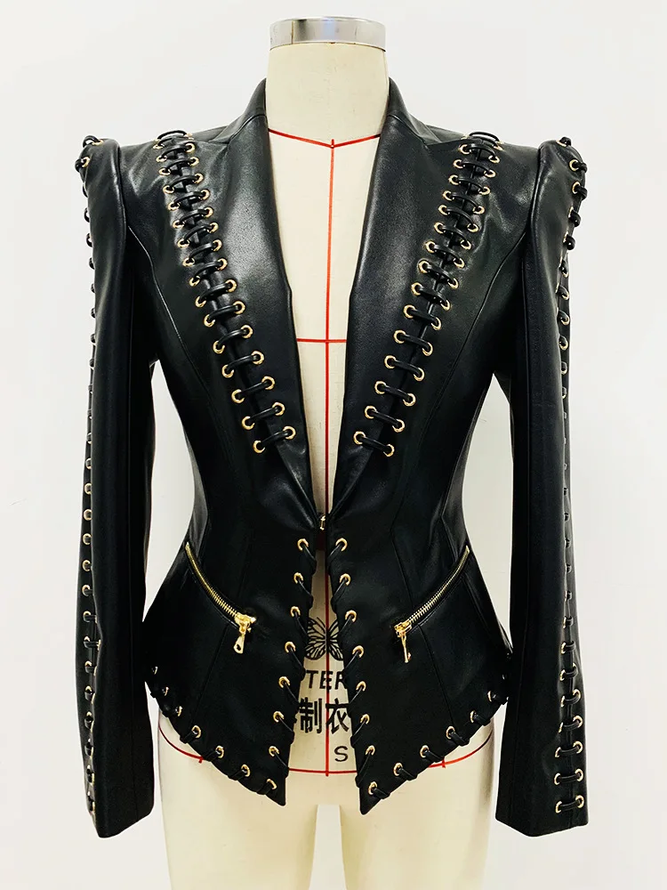 Top Quality Luxury Women Long Sleeve Hollow Out Celebrity Leather Runway Jackets