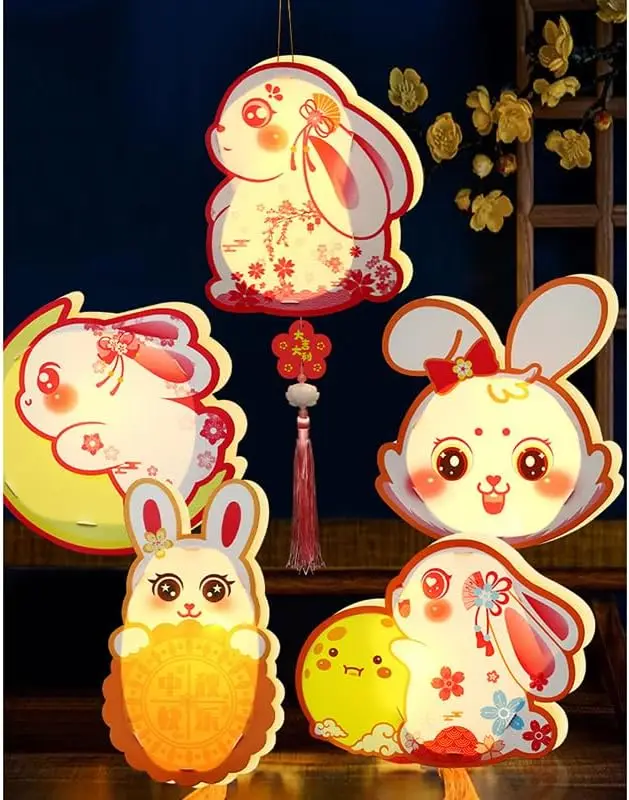 TSINYE Children Diy Handheld Light LED Mid-Autumn Festival Chinese Paper Lanterns Bunny Ornament Hand-Held Rabbit Lantern