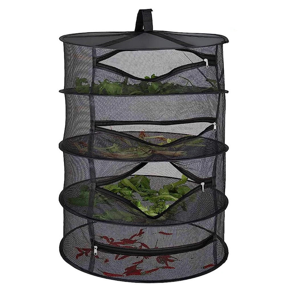 4 Layer 60cm Black Orange Zippers Garden Patio Household Closed Collapsible Mesh Hanging Herb Plant Drying Rack Dry Net