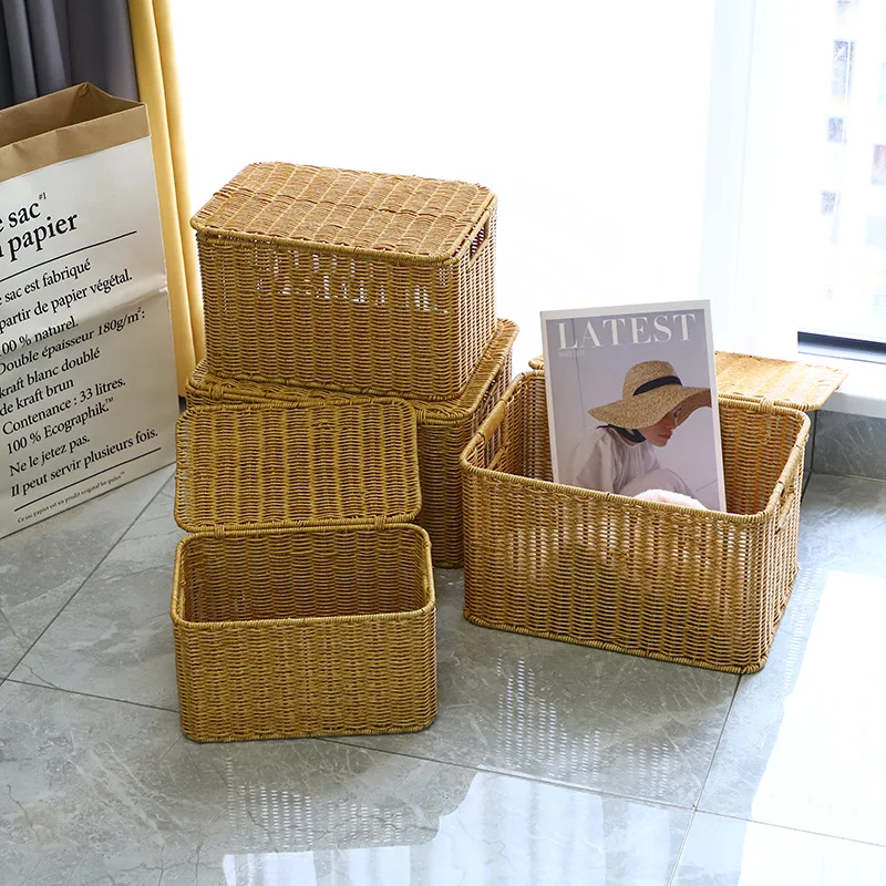 Plastic Rattan Toy Storage Box Woven Handmade Wicker Baskets Organiser PP Rattan Laundry Basket Laundry Hamper for Bathroom