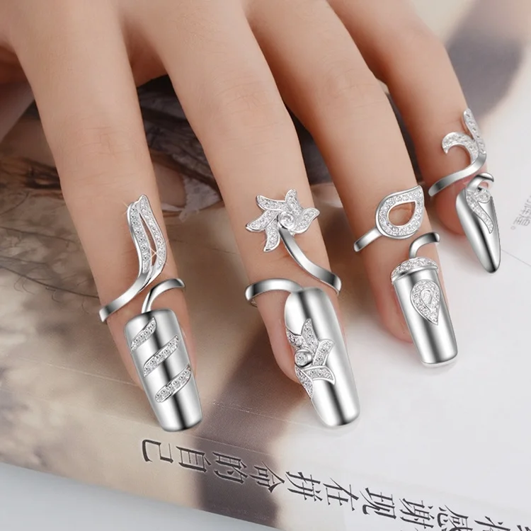 New Fashion Flower Crystal Adjustable Knuckle Ring Jewelry Female Antique Finger Nail Rings