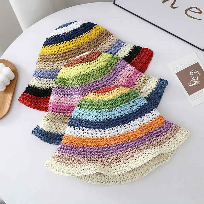 Handmade Rainbow Straw Hat Sunscreen Shading Fisherman cap Braided Striped High Quality Crochet Bucket Straw Hat