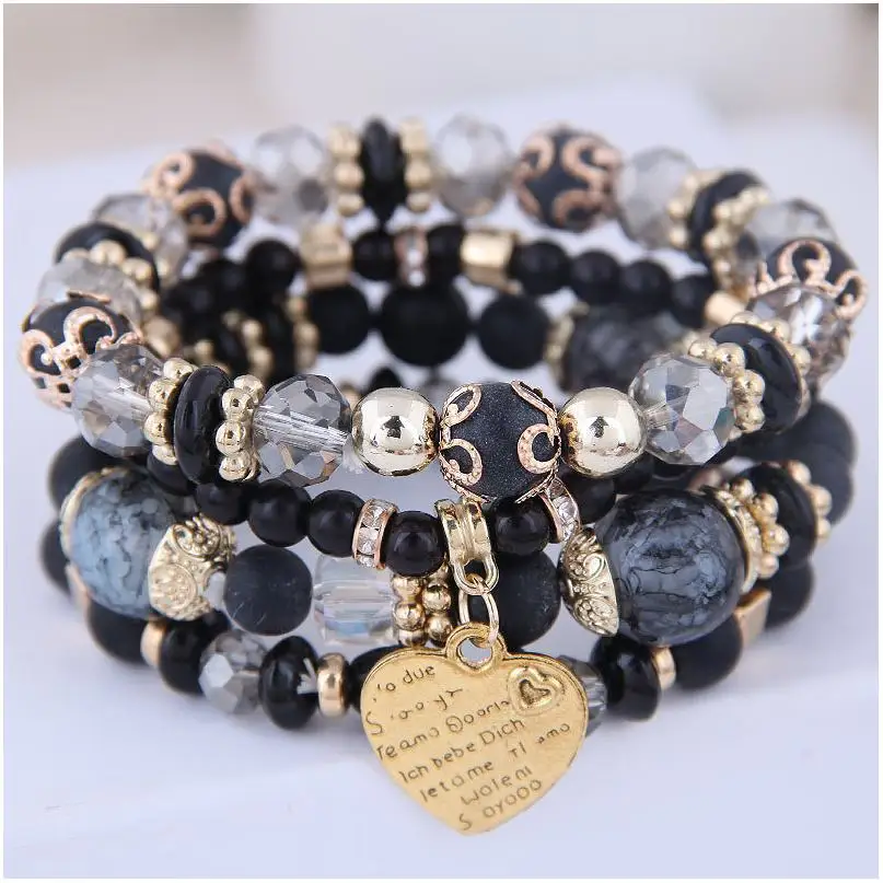 MIYOUKE Handmade Jewelry Alloy Resin Heart Pendant Beaded Charm Bracelet Set For Ladies