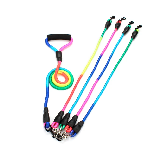 New Rainbow Multi Dogs Leash Nylon Detachable Pet Lead Foam Handle 1 Leash for 2 or 3 or 4 Dogs Round Traction Rope Dog Supplies