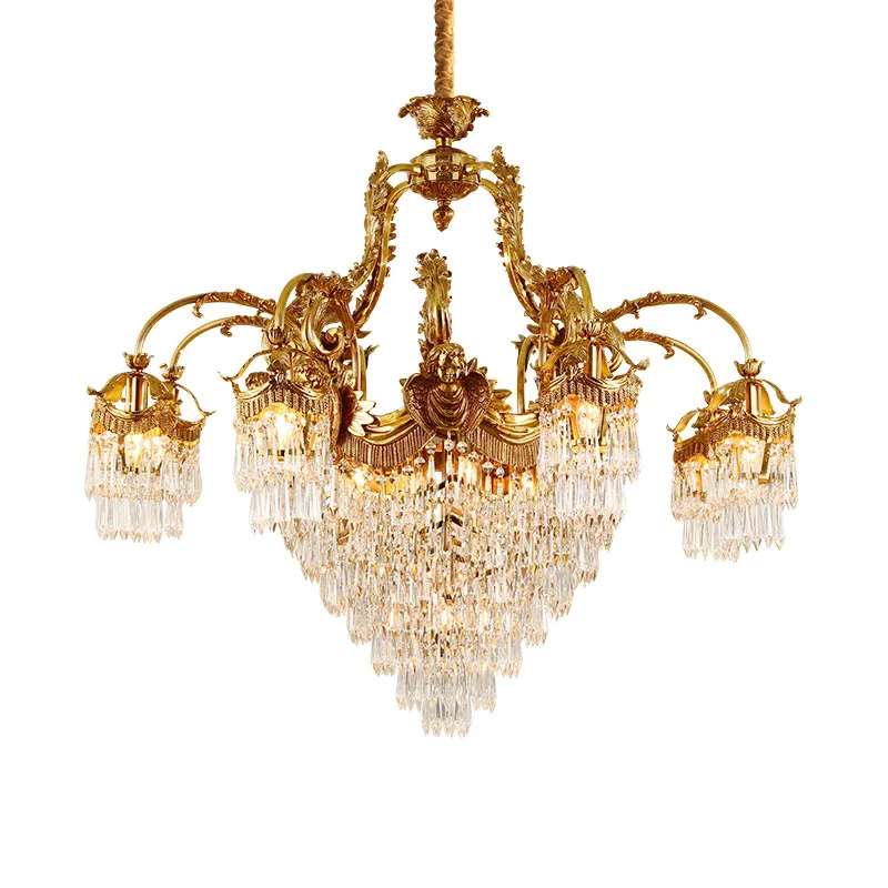 
Elegant French Palace Pattern Exquisite Luxury Bronze Metal Villa Hotel Lobby Ceiling Chandelier Retro LED Lamps 
