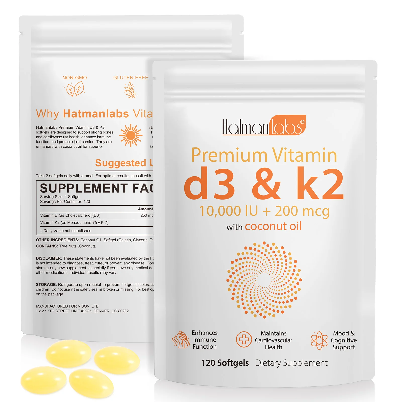 Hatmanlabs enhances immune function coconut oil vitamin d3 k2 softgels capsules supplement vitamin d3 k2 softgel