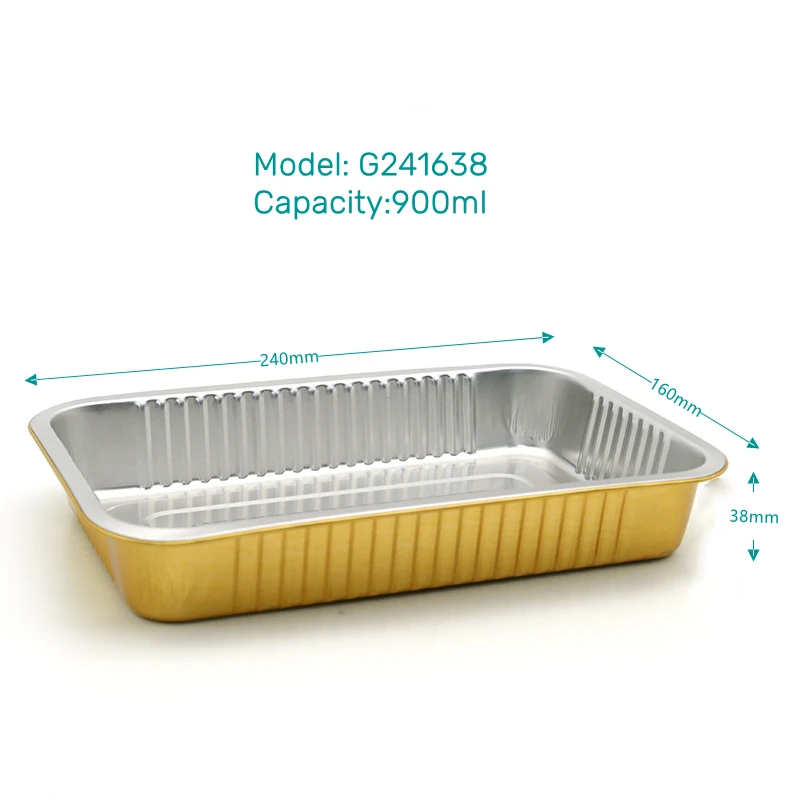 BGI custom size 900ml square gold sealing disposable food container baking aluminum foil take out food tray with cover