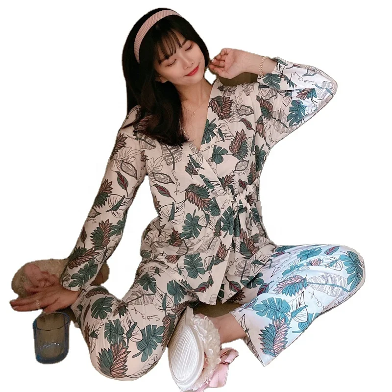 
Excellent Quality Breathable Two Pieces Nighty Homewear Full Sleeve printed Women Cotton sleepwear Set 