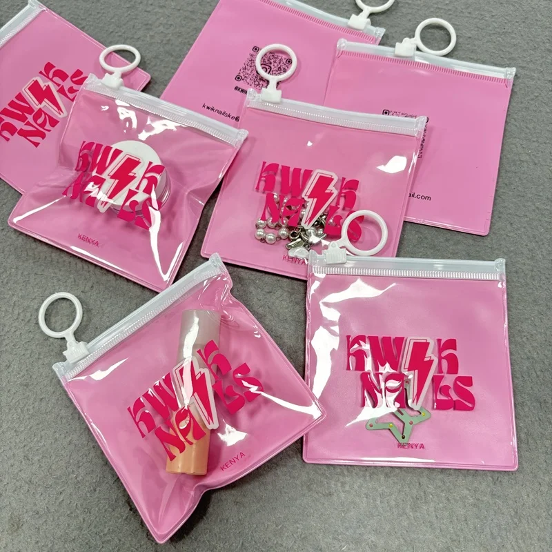 Custom Mini Pink Bags Ziplock for Packaging Earring Clear Cosmetic Jewelry Packing Bag with Round Handle PVC Plastic with Logo