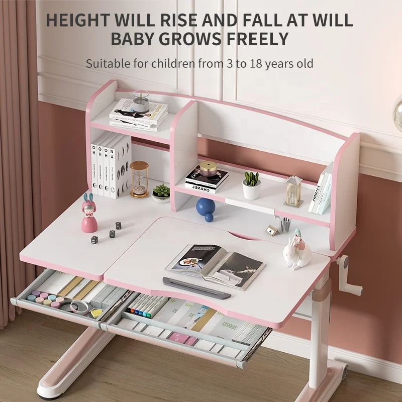Kids Study Desk Drafting Table Ergonomic Multi Function Adjustable Child Table Computer Station with Book Shelf