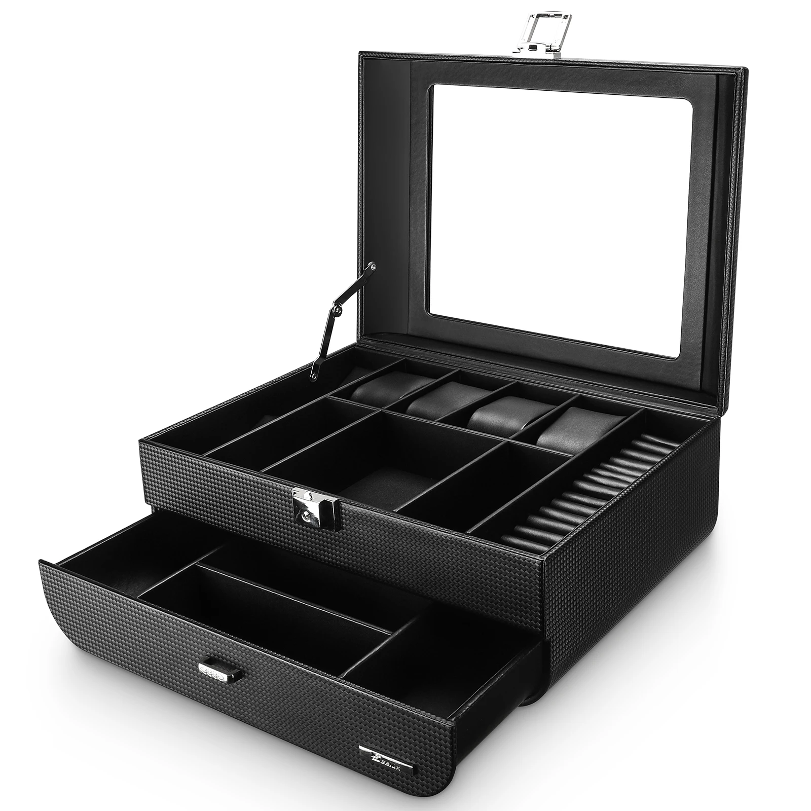 
Black carbon fiber leatherette jewelry organizer storage MDF display jewelry case table 