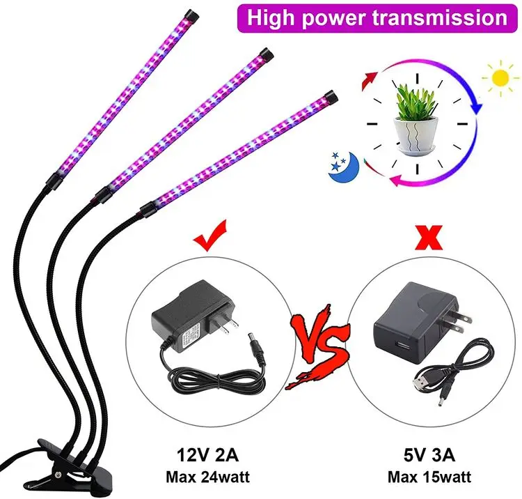 EU Black 3 Heads Red Blue Color Led Grow light 5V 2835 Led Desk Clip Lamp with usb connector