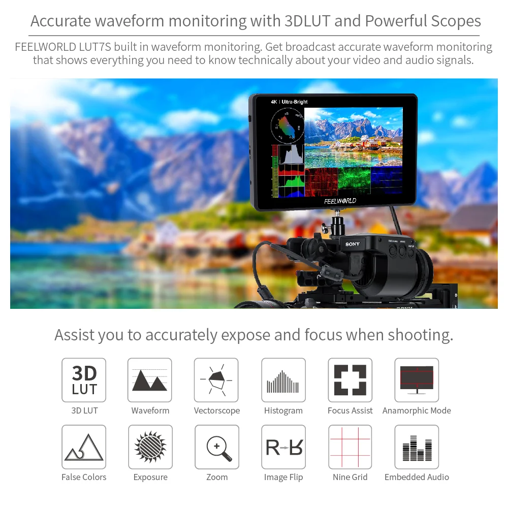 FEELWORLD LUT7 7 inch Field Monitor Ultra Bright 2200nit Touch Screen 3D LUT 4K HDMI Input/Output Full HD 1920x1200 IPS, Wavefor