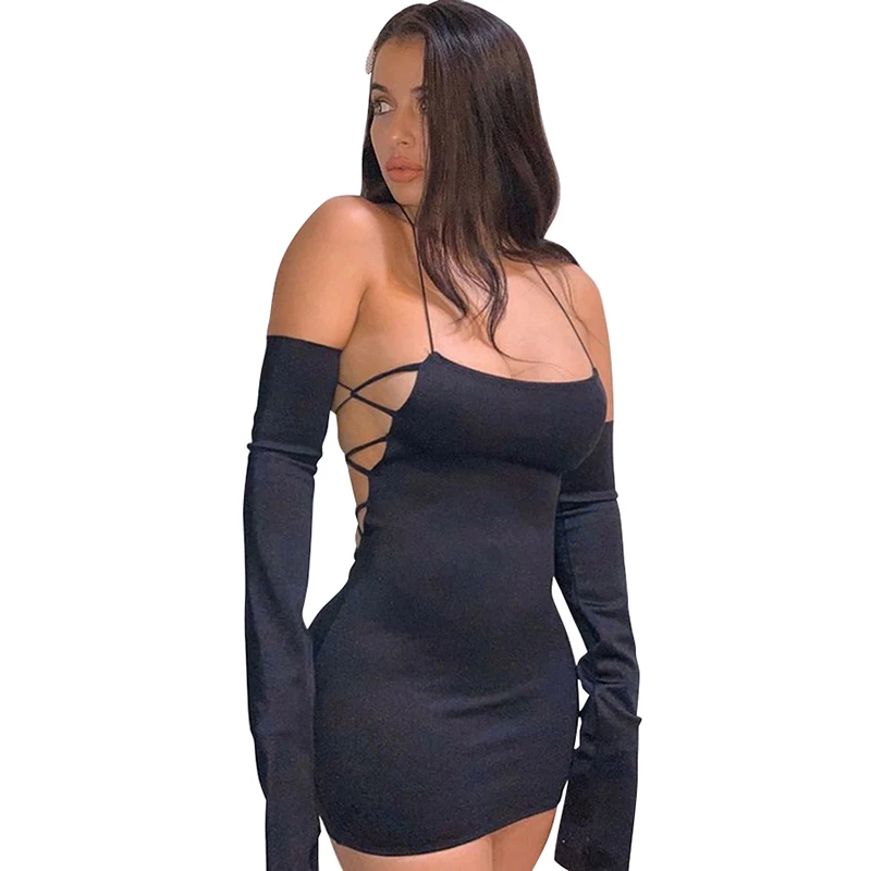 
2021 New Arrivals Autumn Skinny Hollow Out Halter Backless Stylish Sexy Dress Women Casual Dresses 