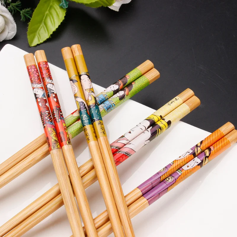 Wholesale cheap prices japanese korean style printed reusable bamboo wood sushi chopsticks bulk chopsticks
