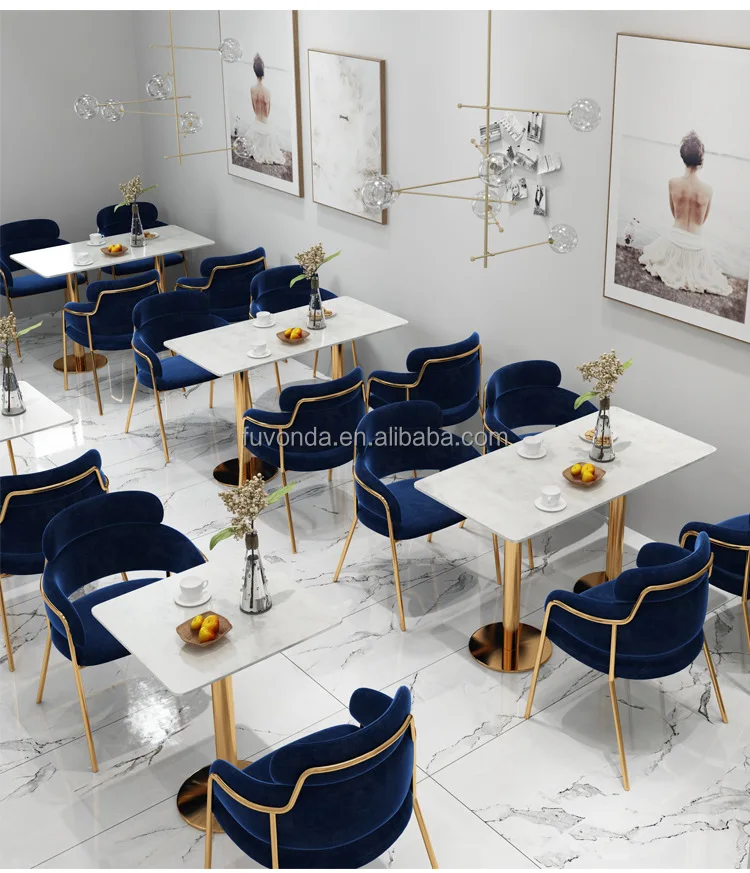Luxury coffee salon chair and table restaurant dining table with 4 seats velvet chairs and tables for coffee shop