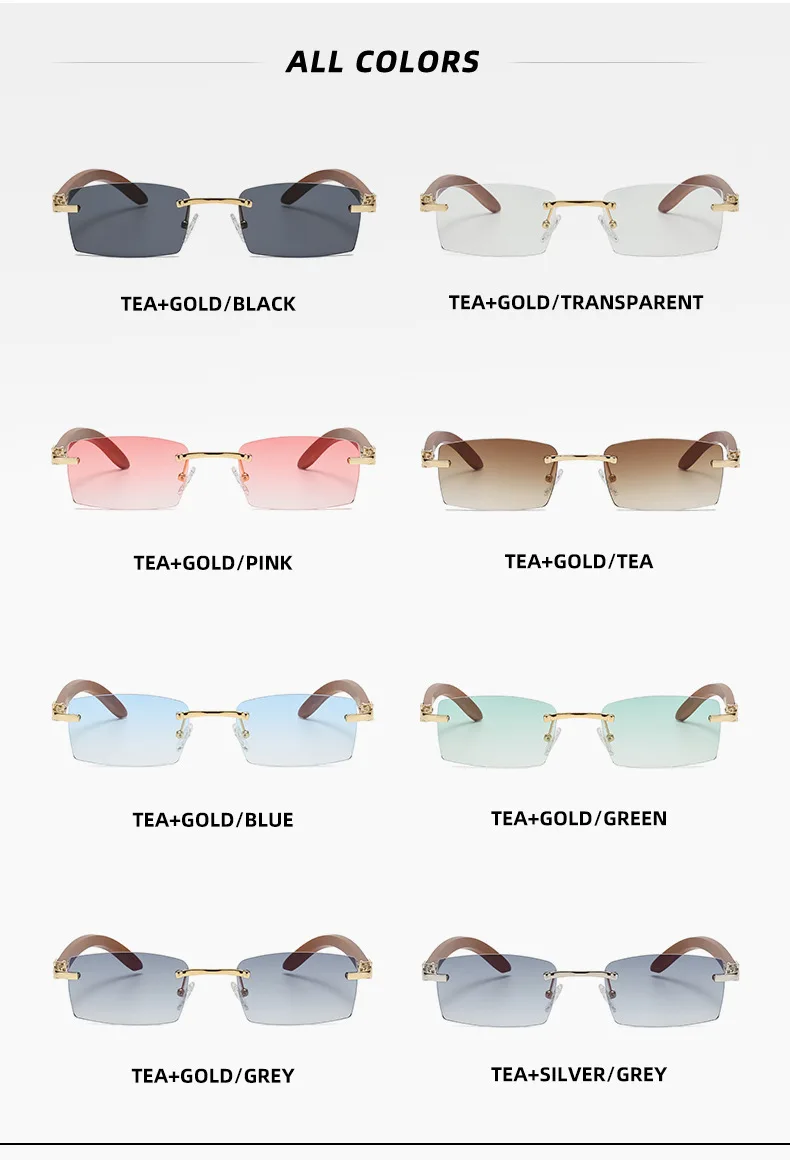 GUVIVI  2021 Small Frame Rimless Shades Sunglasses Luxury Brand Designer Men Fashion Wood Frame Women Eyewear Optical Frame