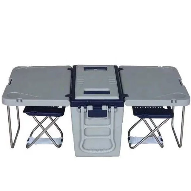 
Hot sale 28 L PP Fold-able beach picnic plastic drink beer table ice box with chair wheels 