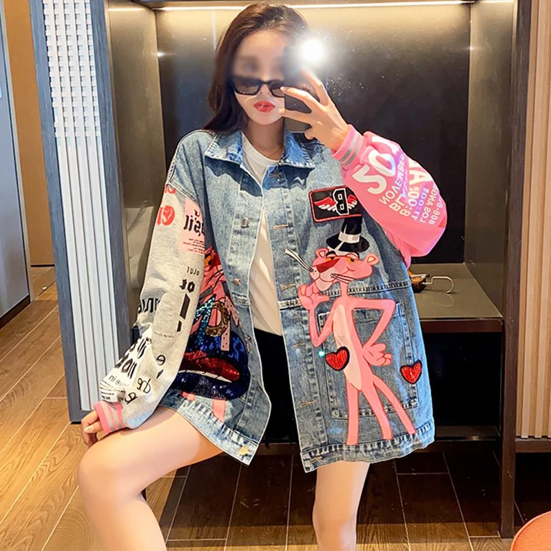 Block Jean Color Windbreaker Hippie Embroidered Cute Womens Printed Coat High School Office Jeans Cartoon Jacket Women Designer
